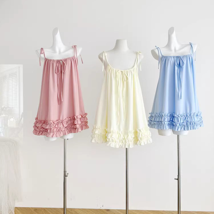 New Spring French Sweet and Alluring Tie-Waist Ruffled Sundress, Slimming and Youthful Pink Dress 11457