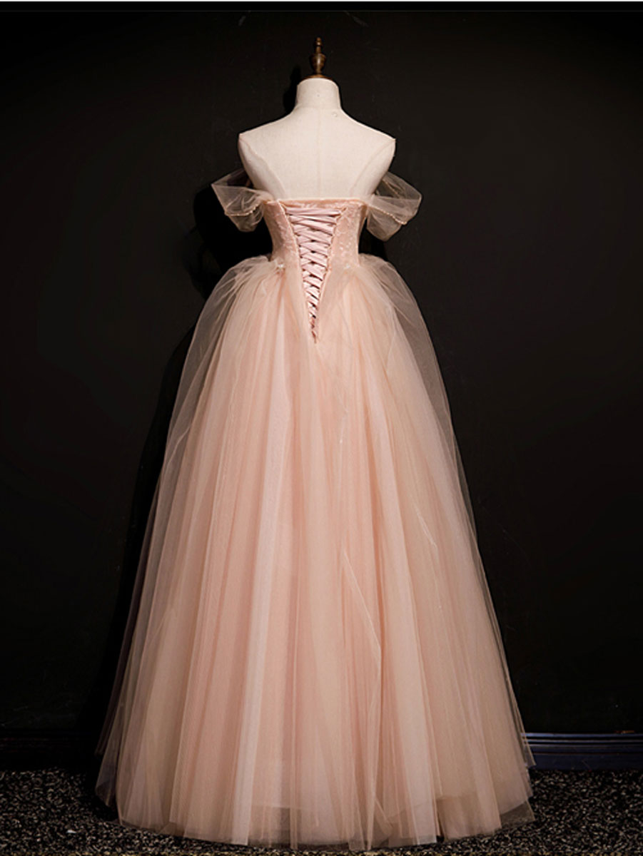 Pink off shoulder long prom dress, pink tulle formal evening dress