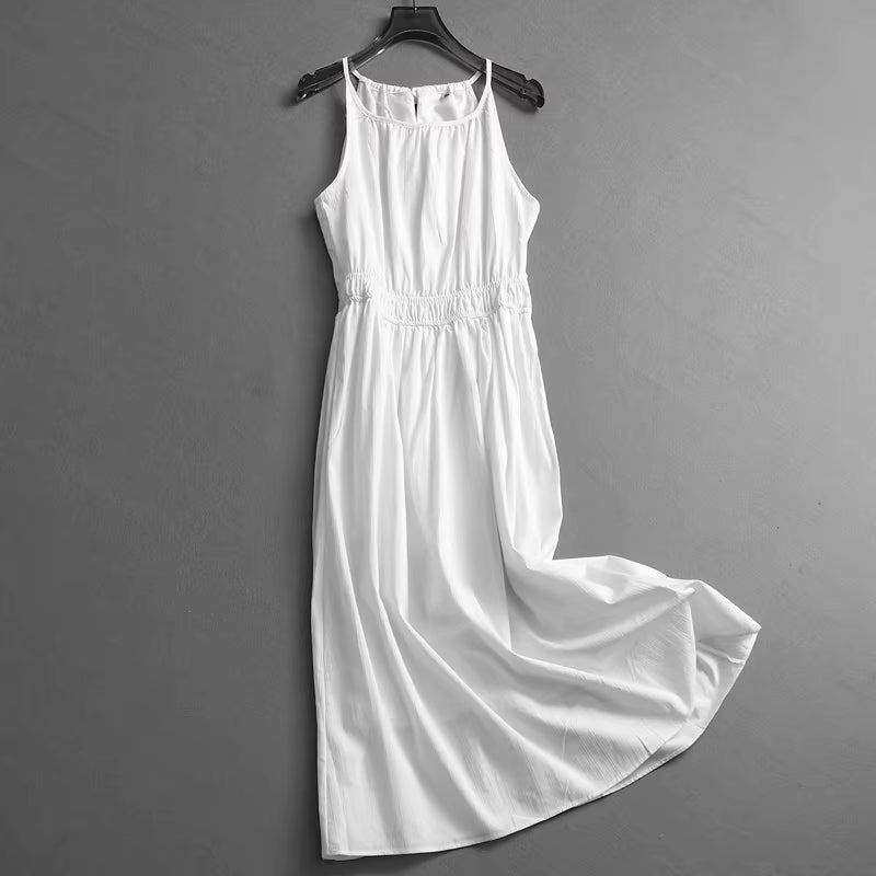 Solid color pleated waist tie halter neck sleeveless sundress beach vacation dress vest dress dress 11301