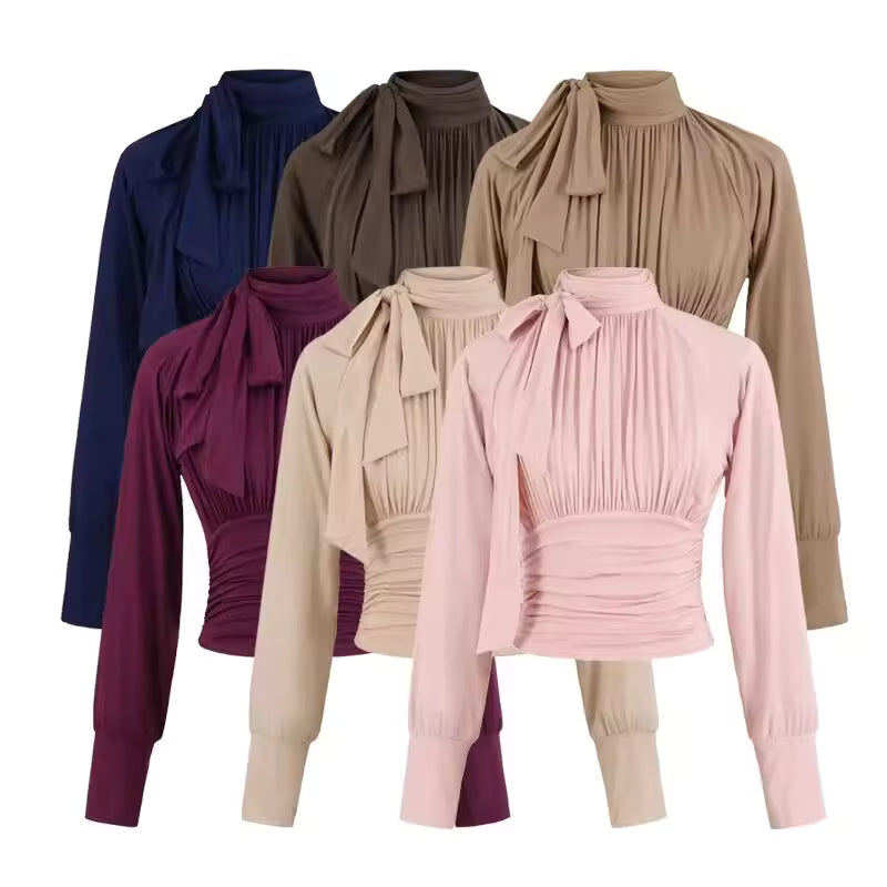 Women's Autumn European and American Style French Slim Fit Short Top with Stand Collar, Ribbon, and Pleated Sleeves 11441