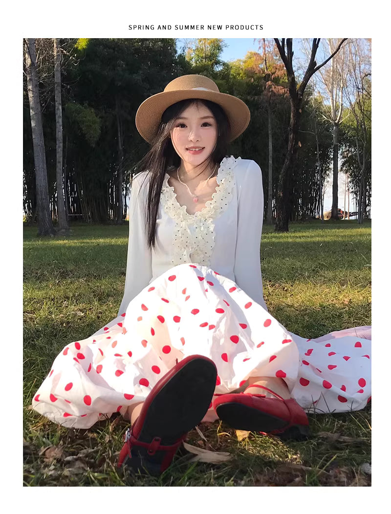 White polka dot midi skirt for women, summer style, thin, new style, high-waisted, slimming, mid-length, fairy-like skirt, A-line, tulip skirt 11295
