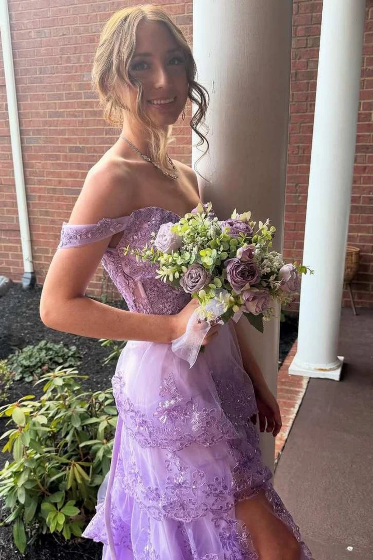 Off the Shoulder Layered Lilac Lace Long Prom Dress with High Slit, Lilac Lace Formal Dress, Lilac Evening Dress