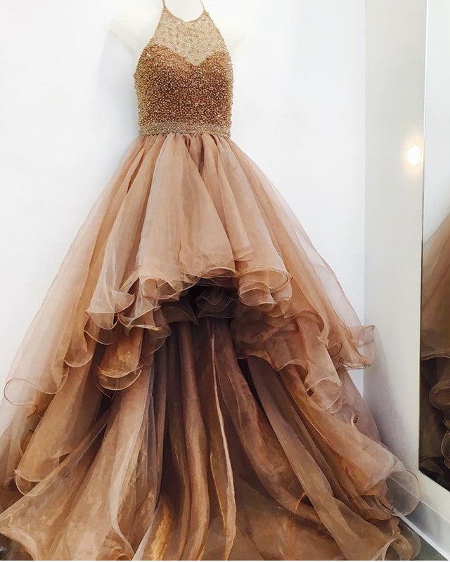 Ombre Prom Dresses Beaded Halter Ruffles Hem Front Short Long Back