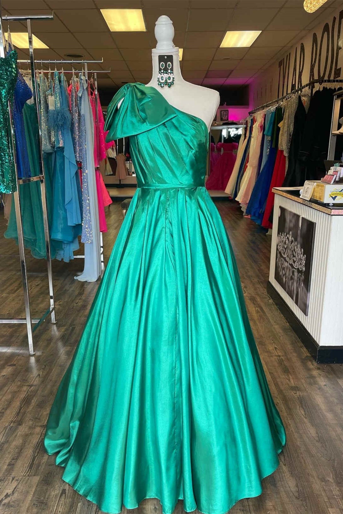One Shoulder Green Satin Long Prom Dress, One Shoulder Formal Dress, Long Green Evening Dress A1995