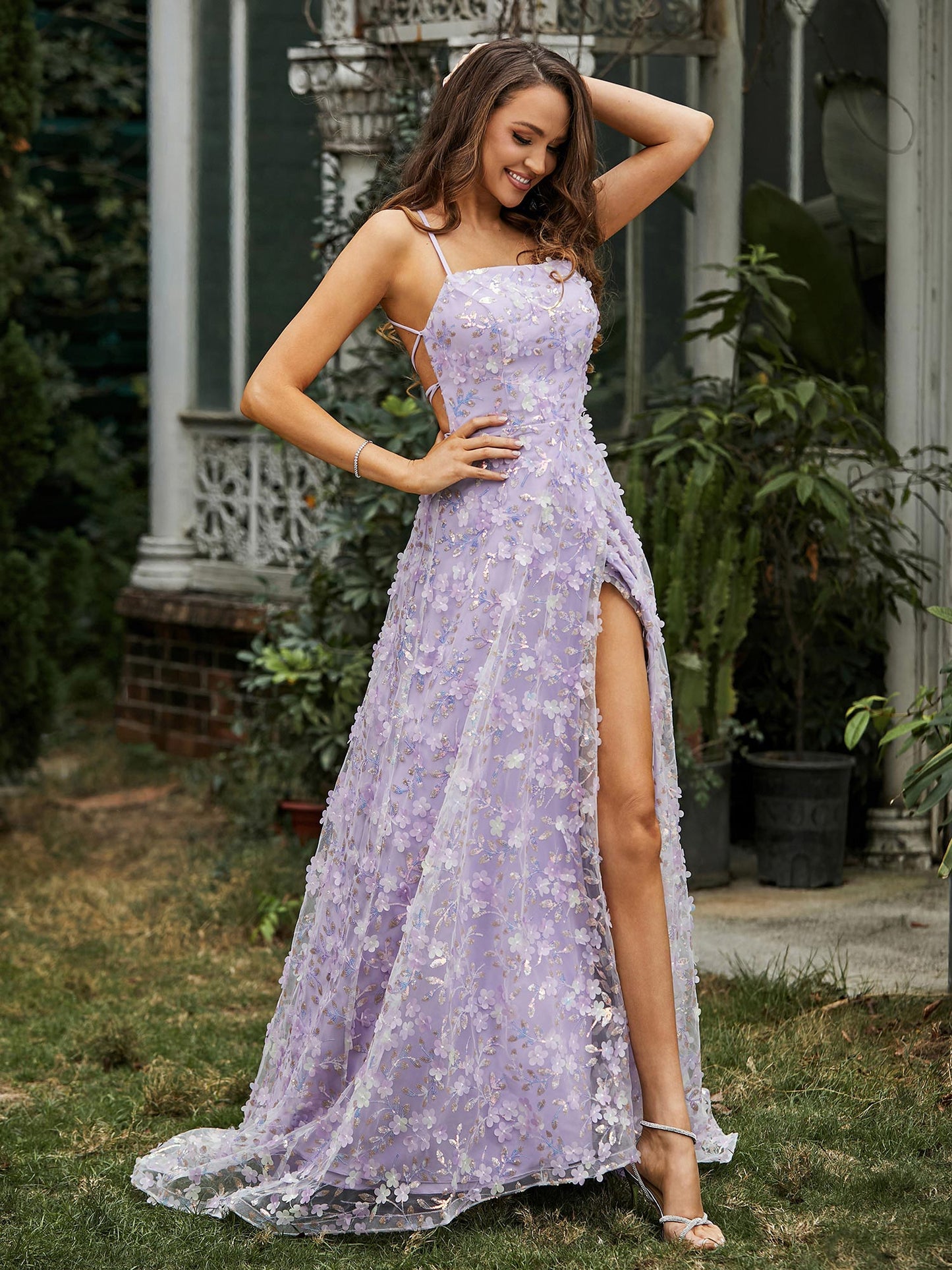 Square Neckline Sweep Train Floral Dress With Slit Lilac