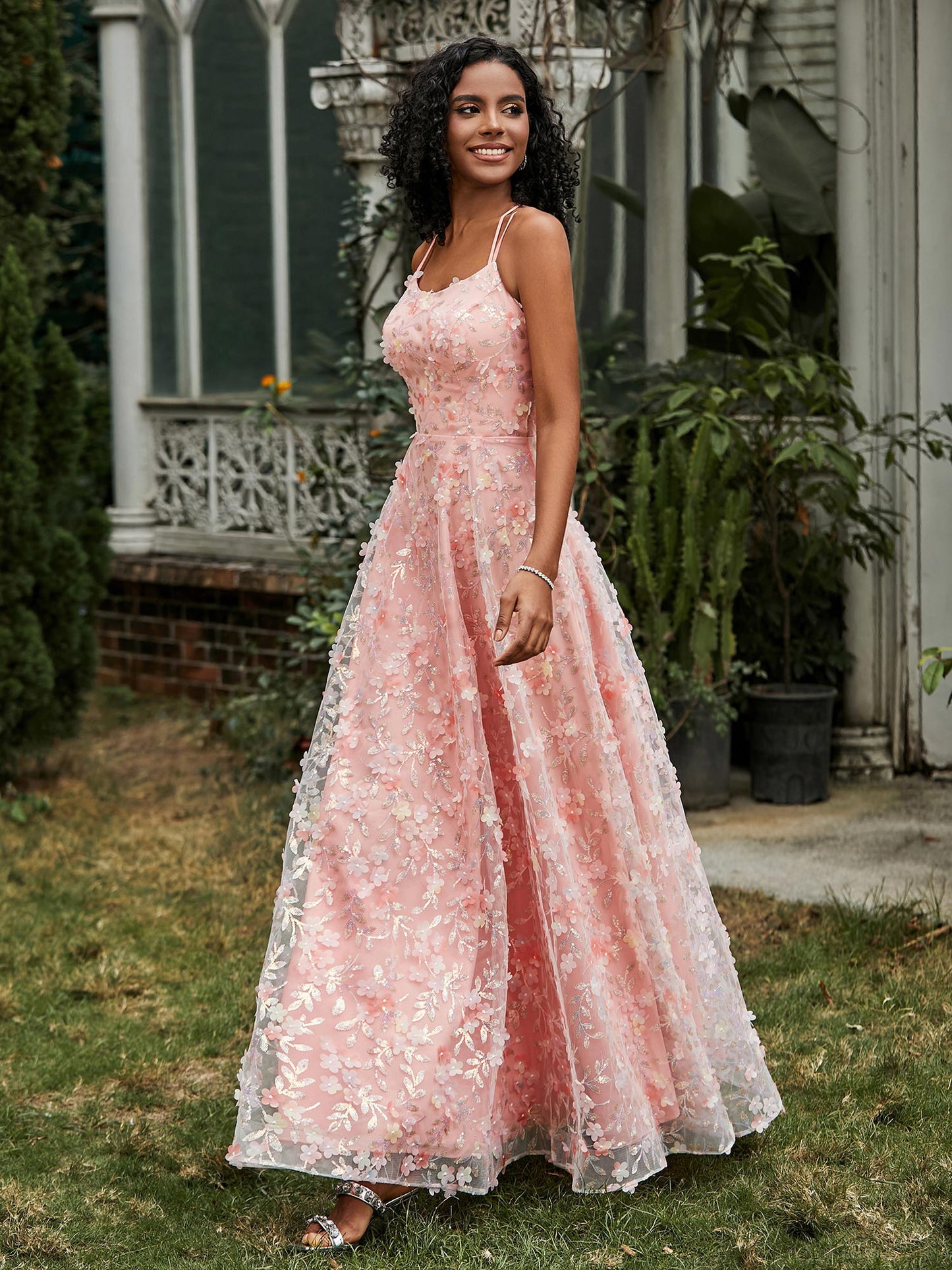 Spaghetti Straps Lace-up Flowers Appliqued Prom Dress Coral