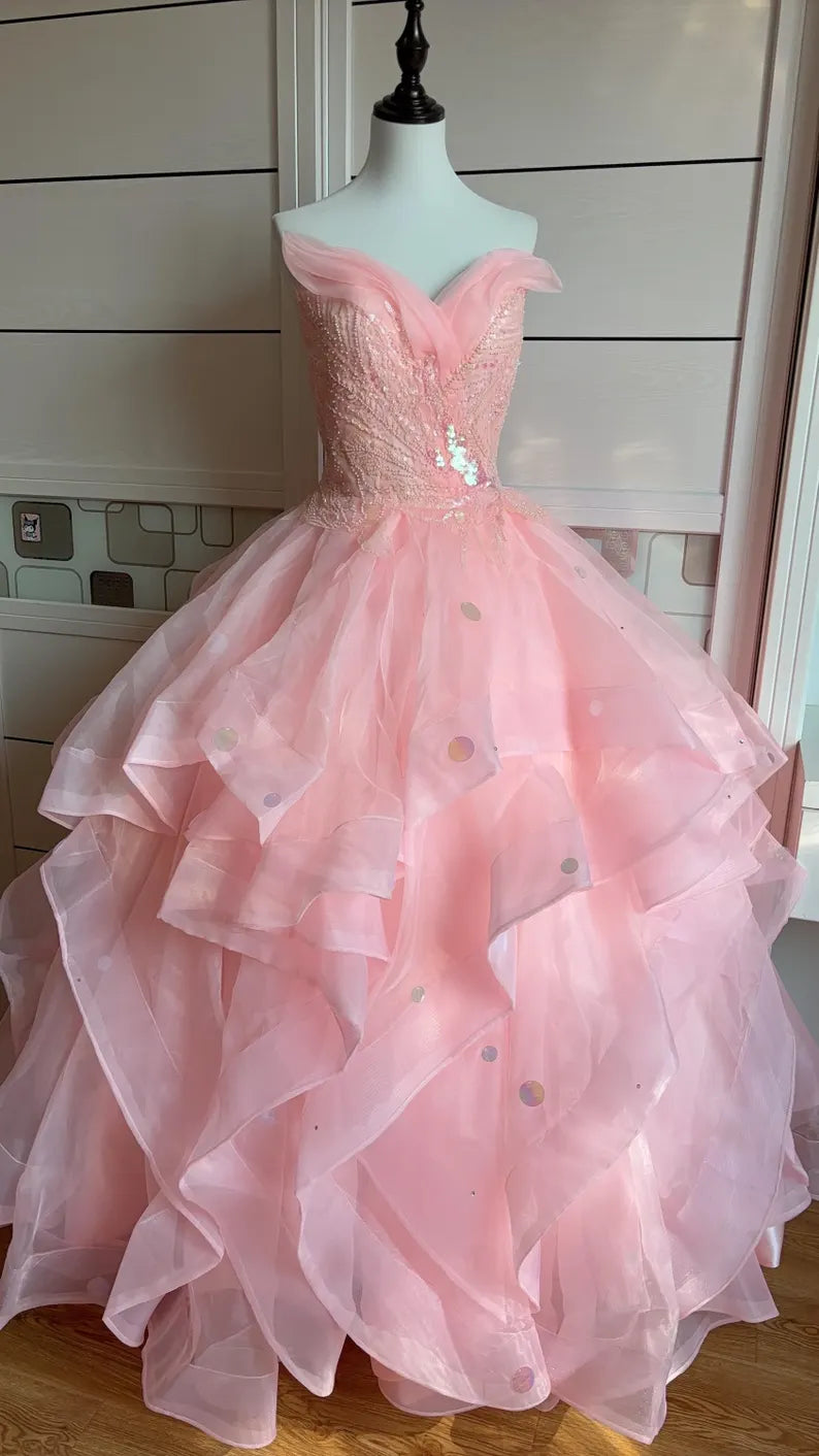 Dreamy Princess Pink Strapless Sequined Beaded Layered Tulle Ball Gown Evening Dress cc4934