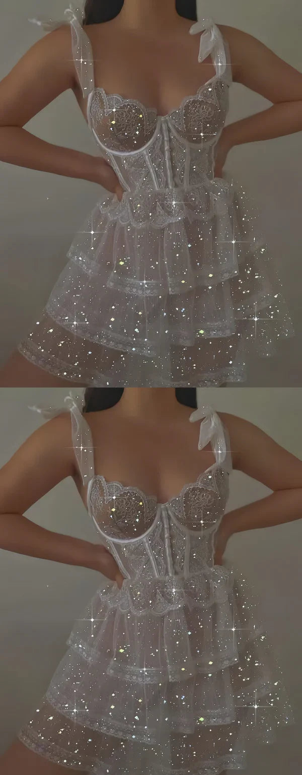 Sweet White Glitter Bow Strap Tulle A-line 16th Birthday Homecoming Dress cc4246