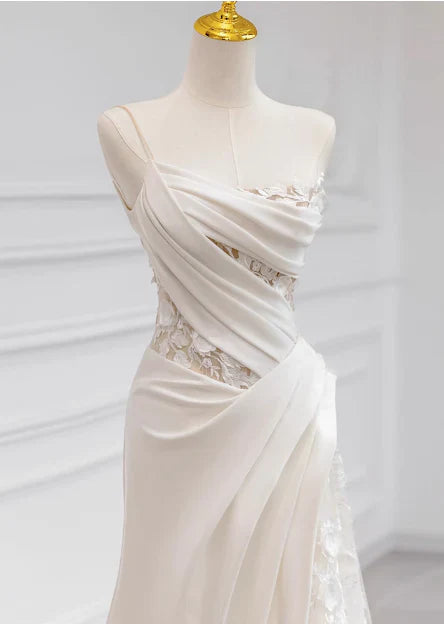 Girlhomeshops-White satin floral lace off-the-shoulder long floor-length wedding dress prom dress gh5393