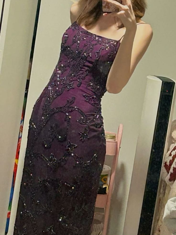Vintage Deep Purple Mermaid Square Neck Embroidered Slit Long Prom Dress Evening Dress cc5021