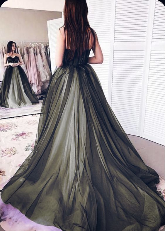Dark Olive Green A-line Sweetheart Neckline Tulle Train Prom Dress Evening Dress cc5040