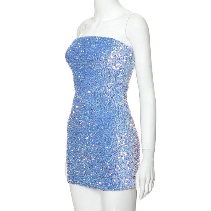 Retro Sparkling Blue Strapless Sequin Design Bodycon Party Dress Homecoming Dress HZ1024