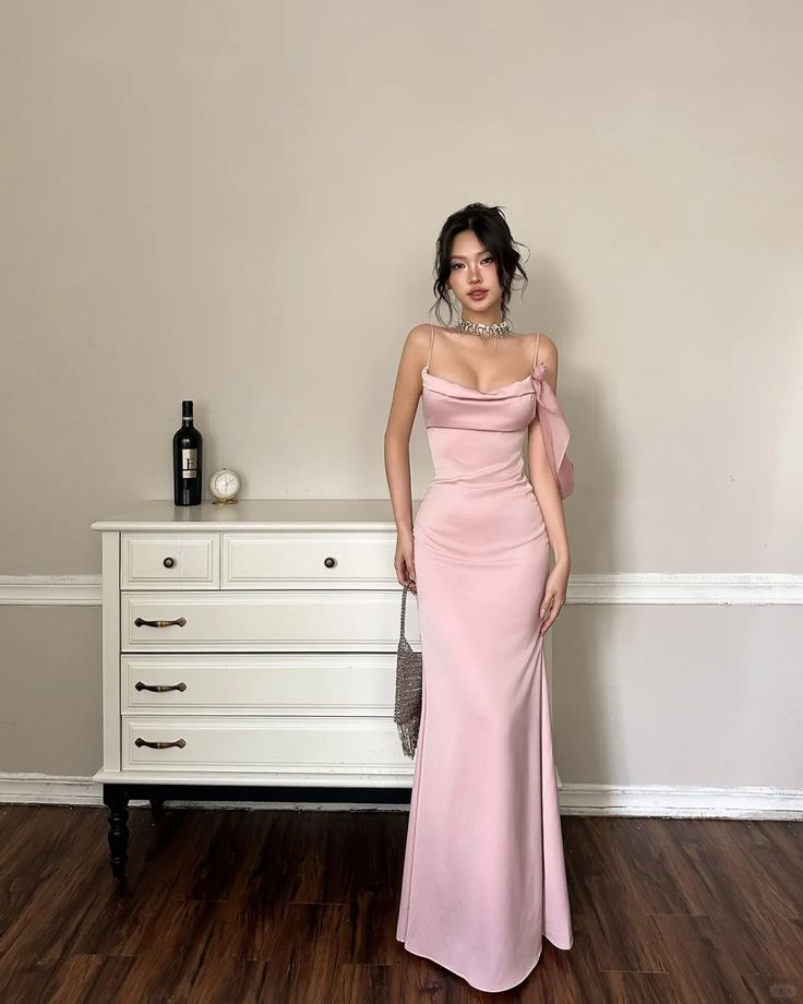 Elegant Pink Mermaid Spaghetti Strap Backless Satin Long Prom Dress Evening Dress cc5094