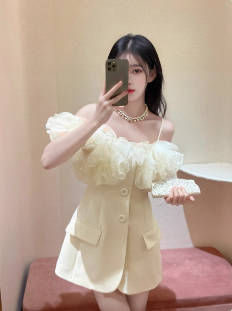 Designer Suit Ruffled Satin Suspenders Birthday Skirt Homecoming Dress cc3802