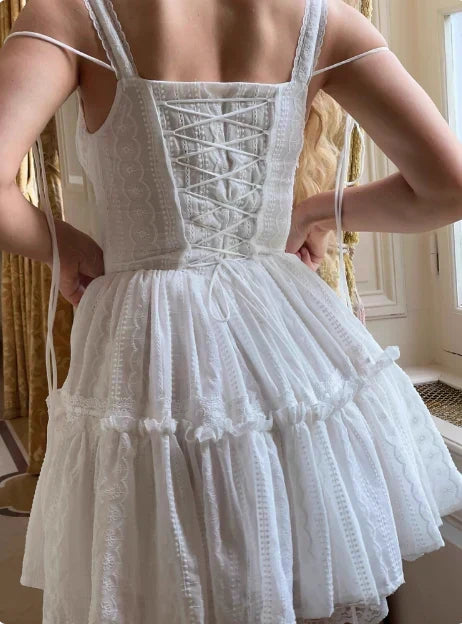Vintage White Lace Spaghetti Strap A-Line Short Tiered Party Dress Cocktail Dress Homecoming Dress HZ1024