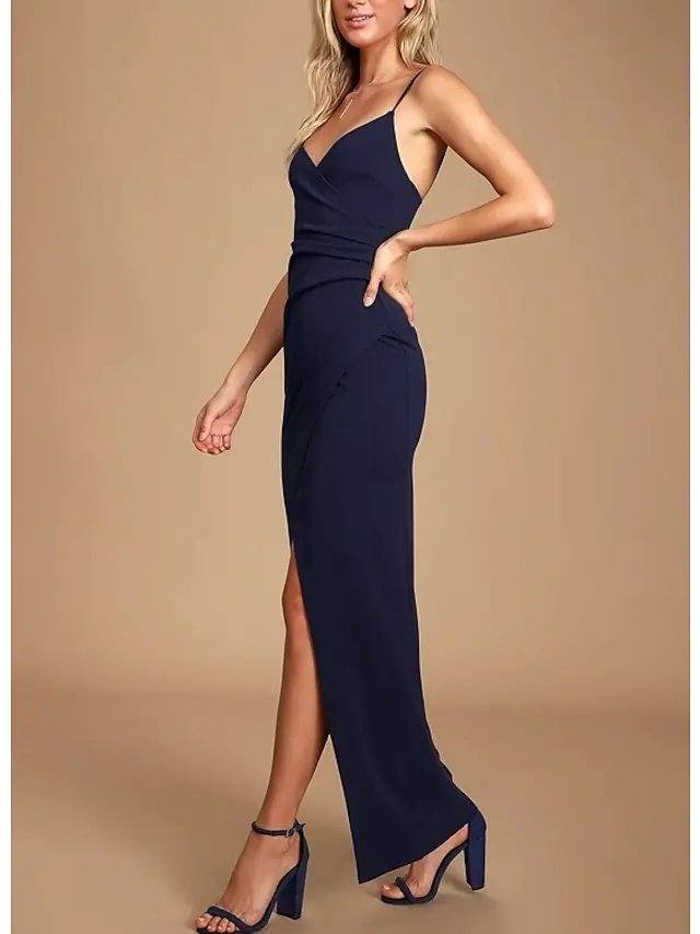 Sheath / Column Elegant Wedding Guest Prom Formal Evening Dress Spaghetti Strap Sleeveless Ankle Length Jersey with Split - RongMoon