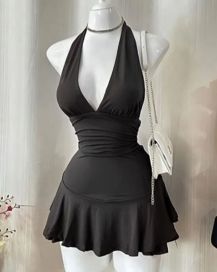 Simple Halter Neck Low Cut Sleeveless Waist Mini Birthday Skirt Homecoming Dress cc3937