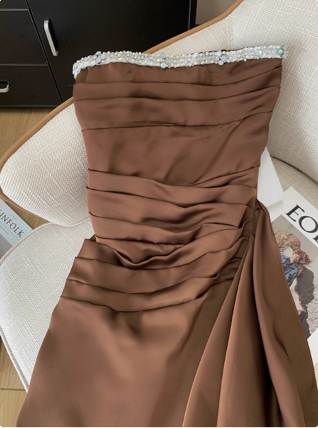 Elegant Brown Strapless Ribbon Diamond Birthday Short Skirt Homecoming Dress cc3959
