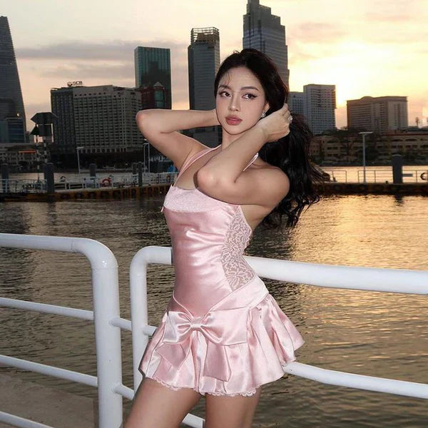 Sweet Pink Halter Neck Lace Bow Mini Satin 16th Birthday Homecoming Dress cc4493