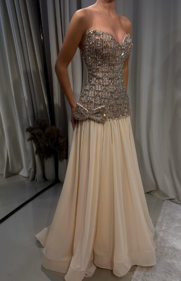 Luxurious Champagne Sweetheart Neck A-line Diamond-Embellished Bow Chiffon Long Prom Dress Evening Dress cc5265