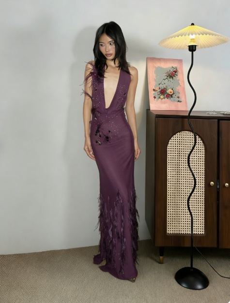 Sexy Y2K Hot Girl Deep Purple Halter Feather Satin Long Prom Dress Evening Dress cc5445