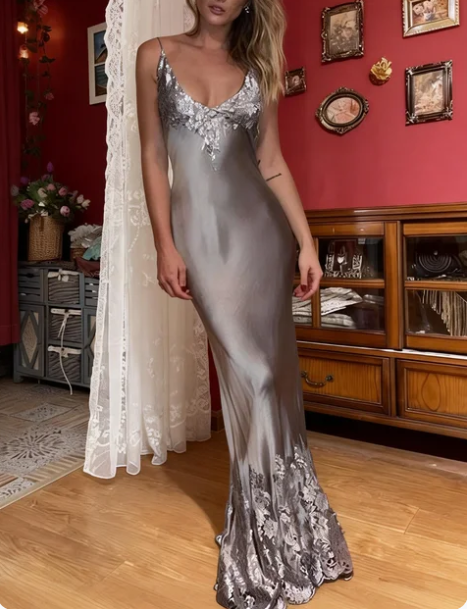 Elegant Silver-Gray Spaghetti Strap Deep V-Neck Mermaid Lace Satin Long Prom Dress Evening Dress cc5473