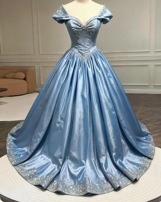 Dreamy Princess Blue Off-the-Shoulder A-Line Beaded Satin Long Prom Dress Birthday Dress cc5515