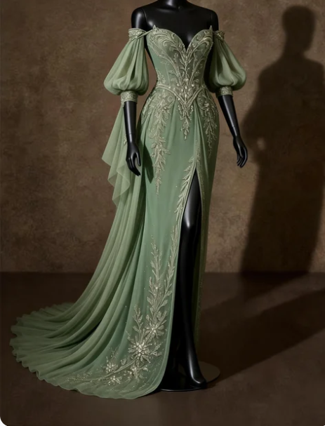 Vintage Green Off-the-Shoulder Beaded Embroidered High Slit Chiffon Train Prom Dress Evening Dress cc5549