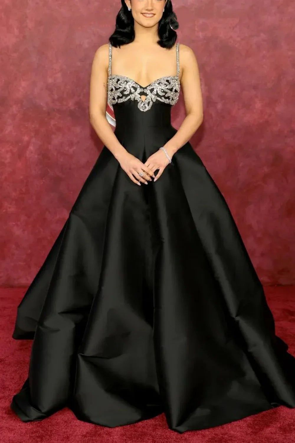 Elegant Black Spaghetti Strap A-Line Rhinestone Satin Train Prom Dress Evening Dress cc5564
