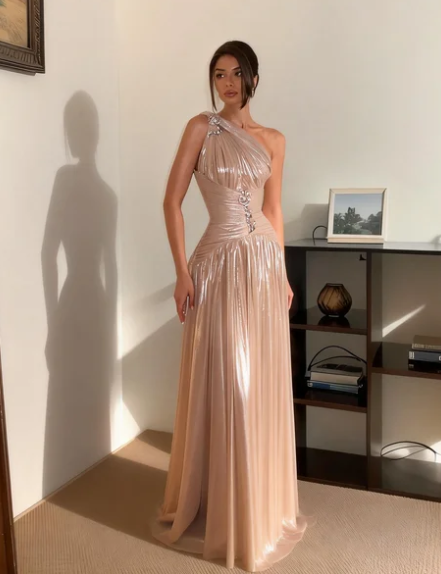 Elegant Dusty Pink One Shoulder Ruched Satin Long Prom Dress Evening Dress cc5610
