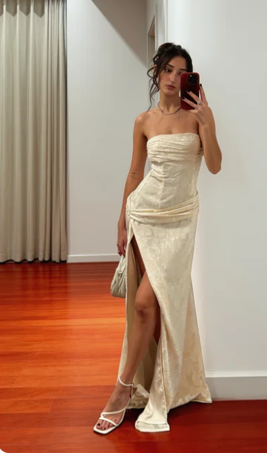 Simple Cream White Strapless High Slit Mermaid Jacquard Satin Long Prom Dress Evening Dress cc5643