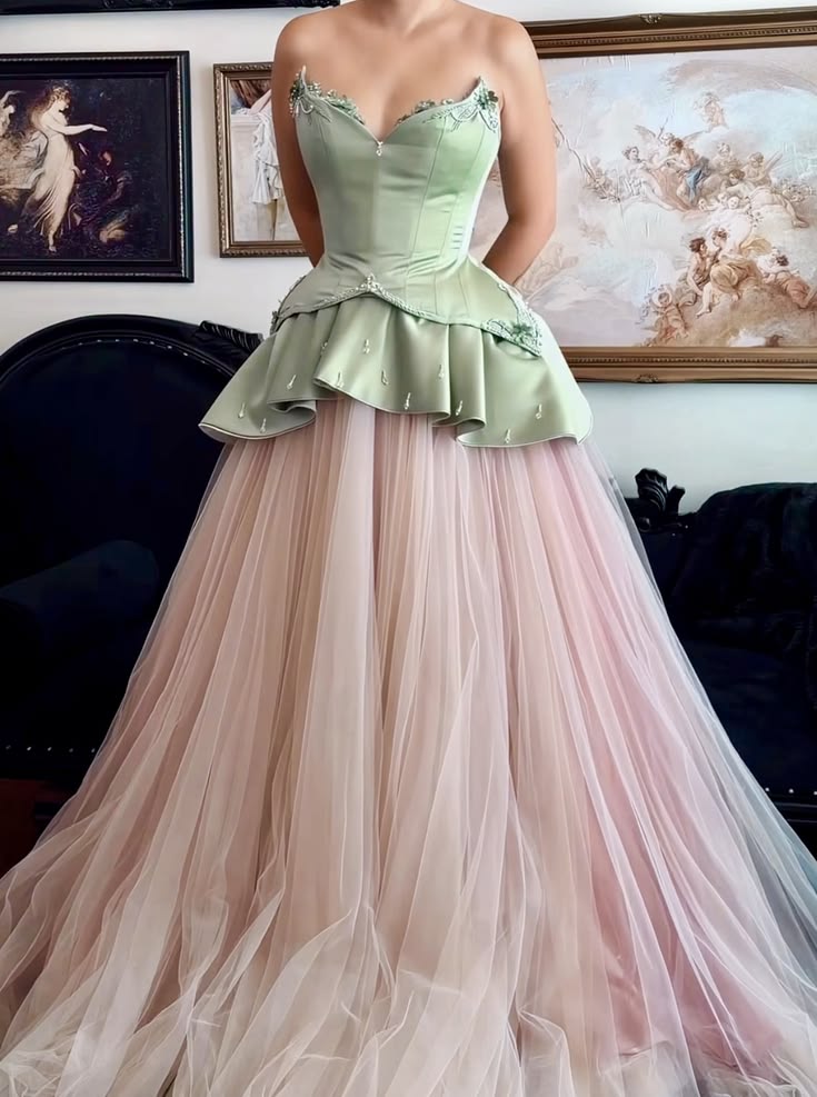 Vintage Court Green Pink Strapless A-Line Satin Tulle Train Prom Dress Evening Dress cc5651