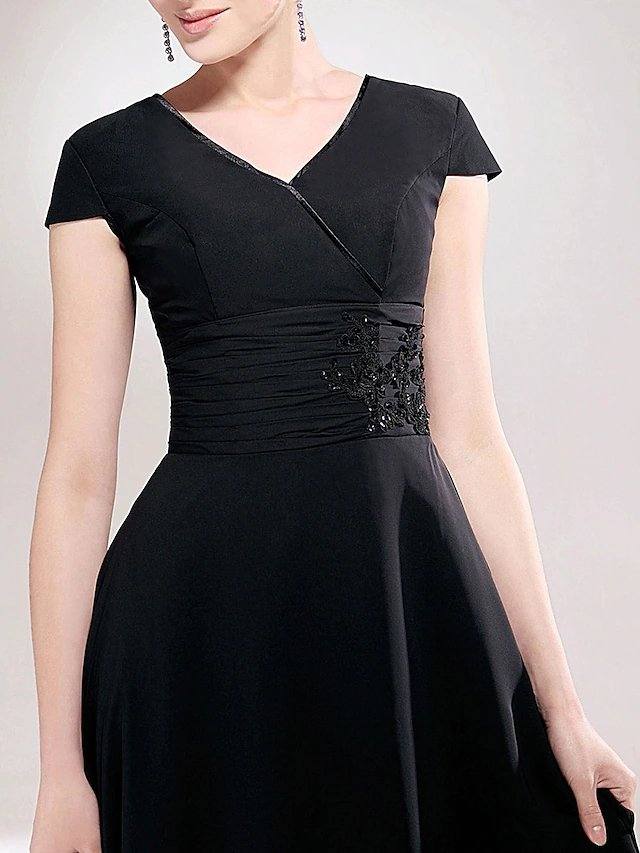 Sheath / Column Mother of the Bride Dress Little Black Dress V Neck Asymmetrical Chiffon Short Sleeve with Ruched Beading Appliques - RongMoon