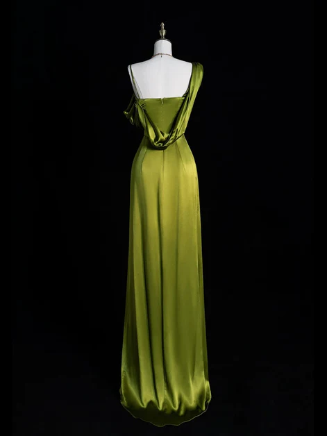 Lovely Green Satin One Shoulder Prom Dress A-line Slit Party Dress cc2189