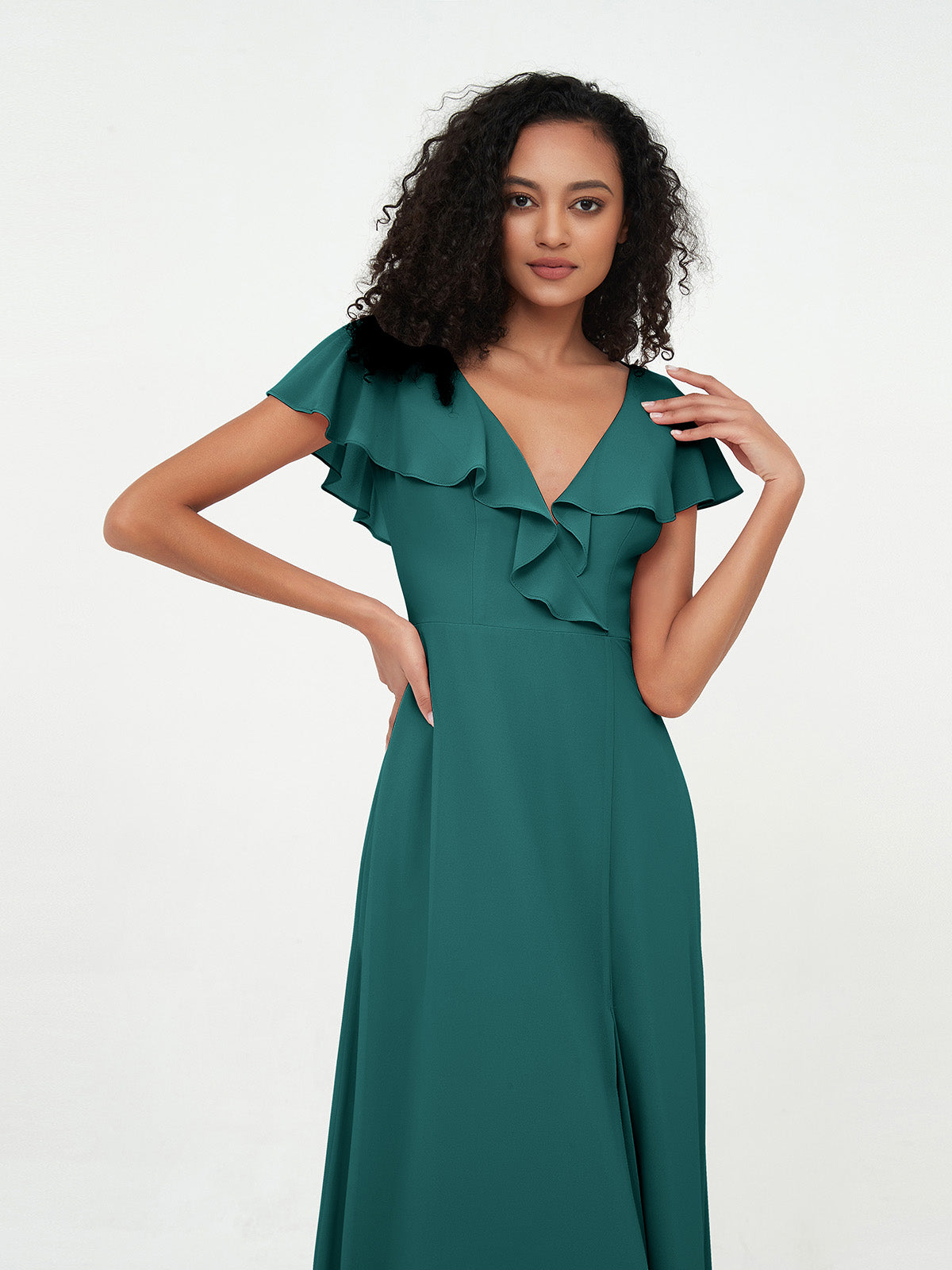A-line V-neck Chiffon Dresses with Pockets-Peacock