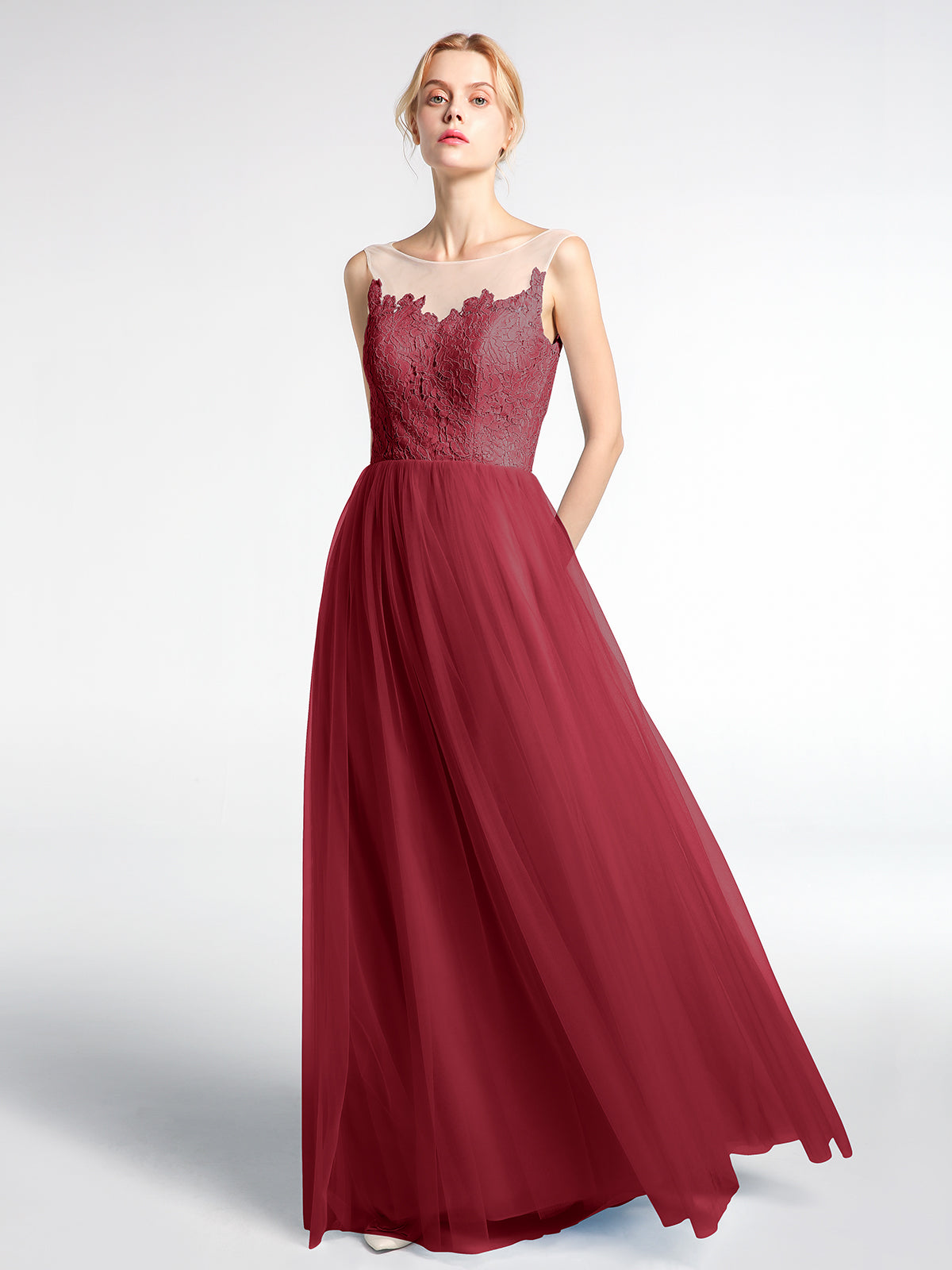 Illusion Neckline Lace and Tulle Maxi Dress-Burgundy
