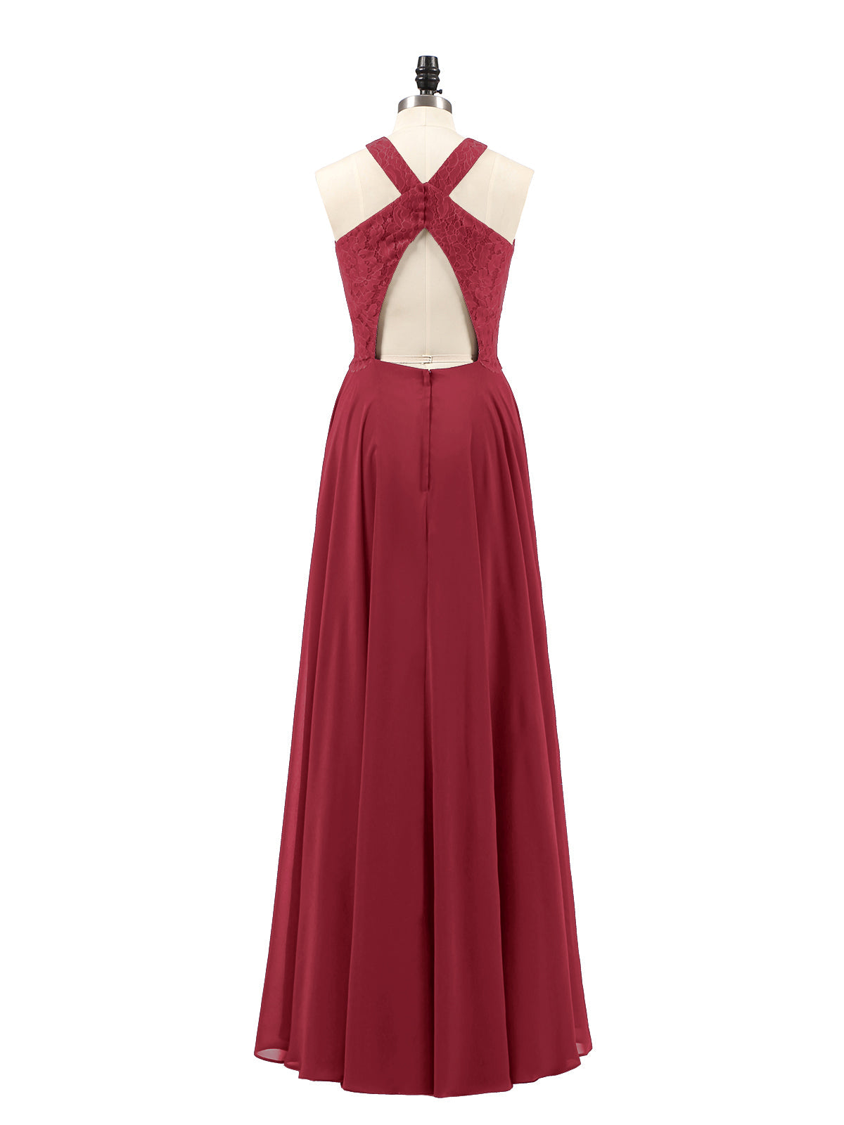 Lace and Chiffon Halter Dress with Open Back-Burgundy