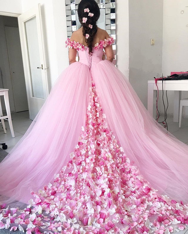 Pink Tulle Floral Flower Ball Gowns Quinceanera Dresses Off Shoulder