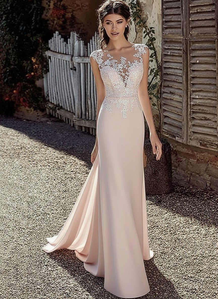 White Simple Wedding Dress White Chiffon Illusion Sleeveless Court Train Applique Sheath Bridal Gowns