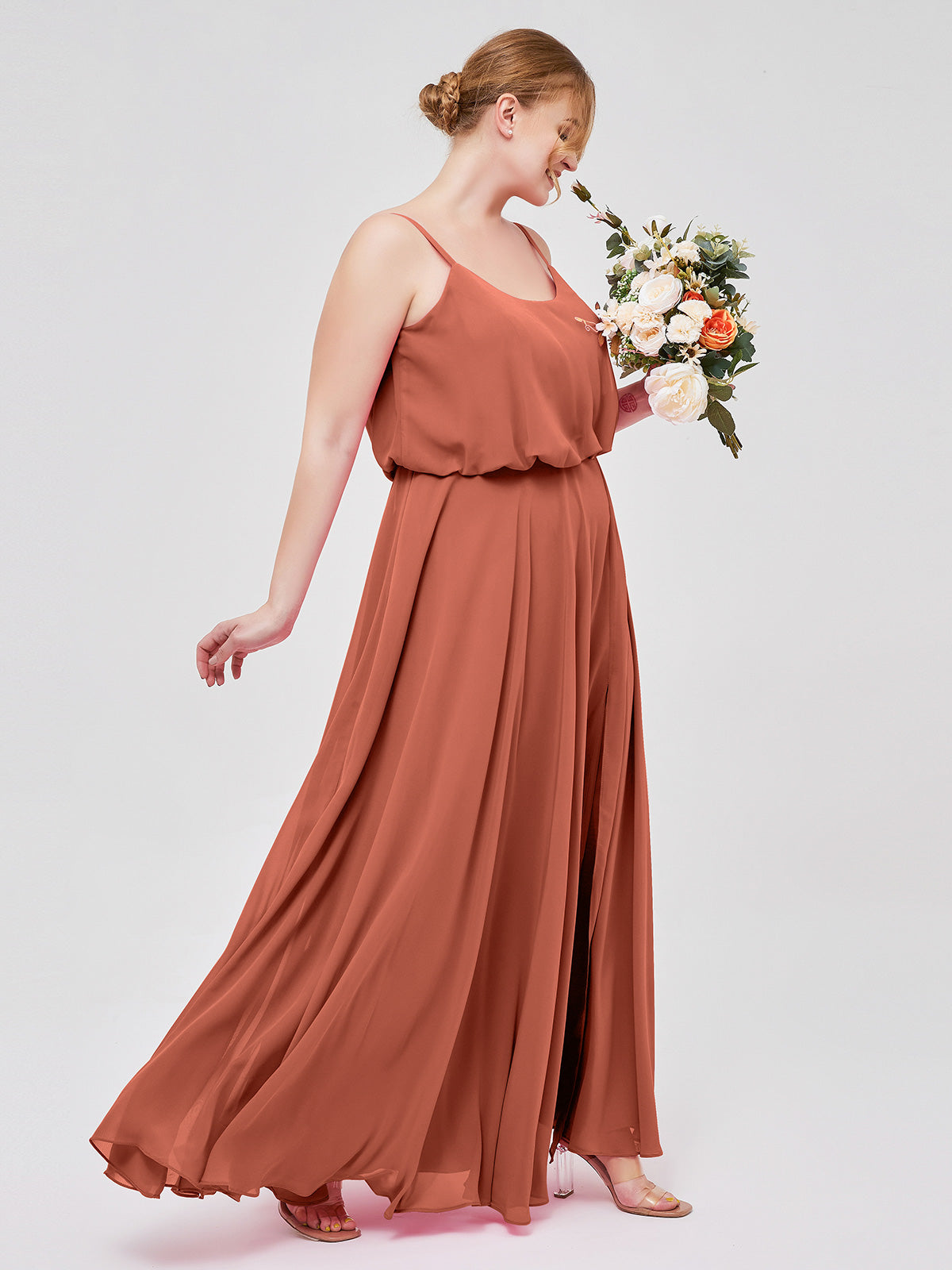 Spaghetti Strap Scoop Chiffon Dresses with Slit Rust