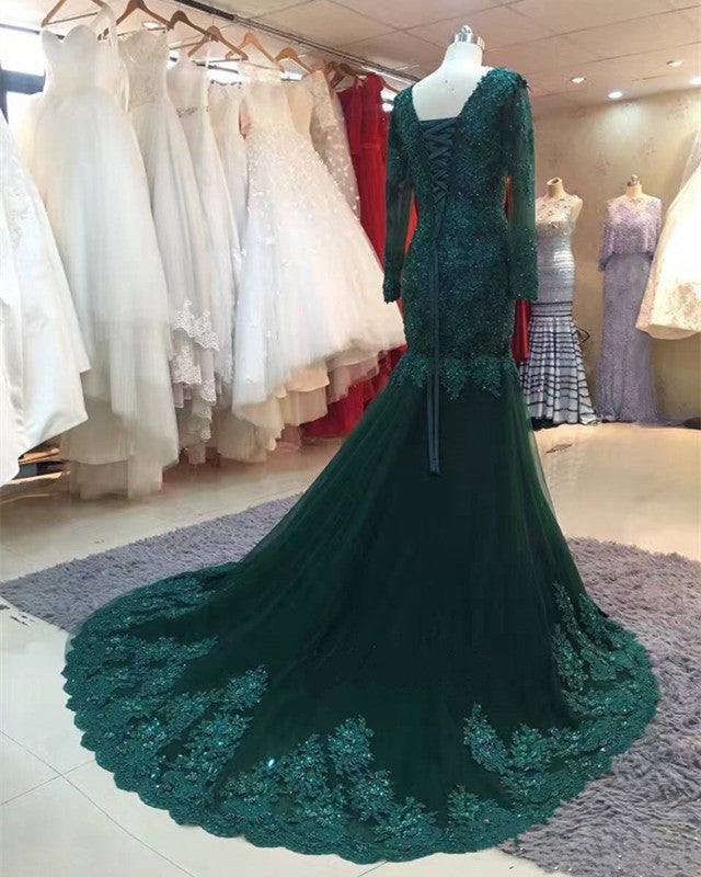 Long Sleeves V-neck Lace Prom Mermaid Dresses