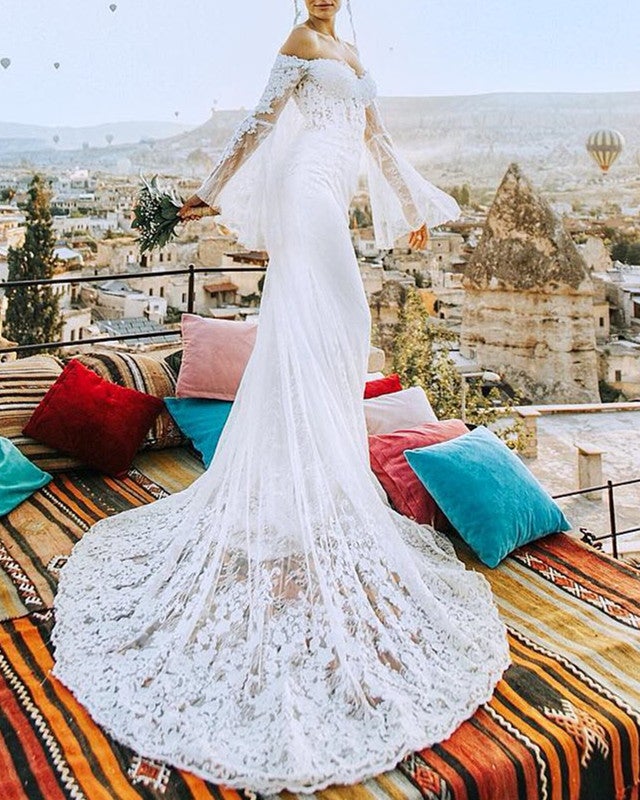 Puffy Sleeves Lace Mermaid Cottagecore Wedding Dress