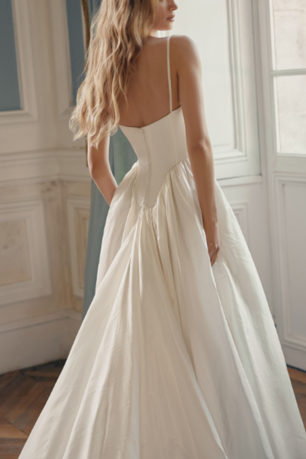 French Light Retro Spaghetti Strap Bustier Gown | Satin Waist-Fitted Maxi Dress with Full Skirt for Outdoor Wedding Engagement Luxury Dinner Party Bridesmaid Dresses gh6417