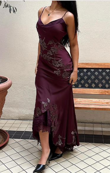 Vintage Elegant Burgundy Spaghetti Strap V-neck Satin Long Prom Dress Evening Dress cc5399