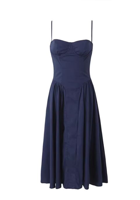 French retro square neckline, three-dimensional steel wire design, fitted waist, pleated slip dress, over-the-knee dress 11356