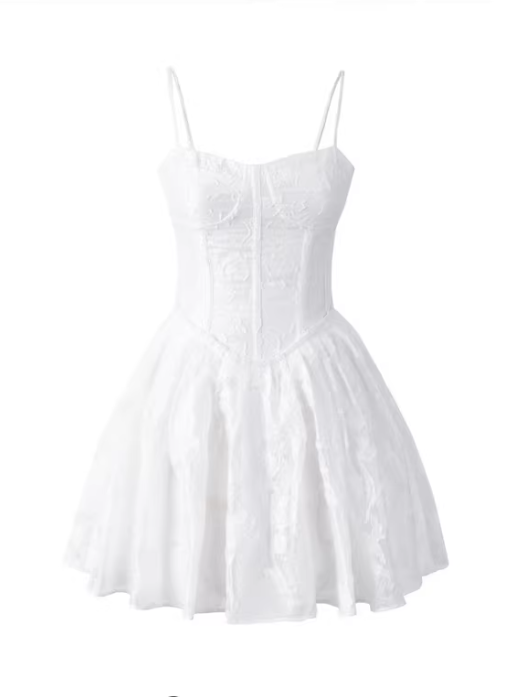 European and American style fishbone body shaping waist slimming suspender dress sexy vacation style dark pattern white dress 11360