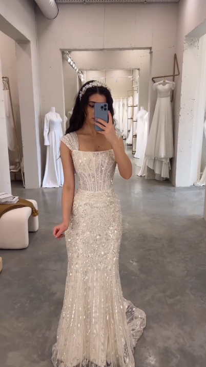 Elegant White Mermaid Square Neck Sequin Tulle Train Long Prom Dress Evening Dress cc5171