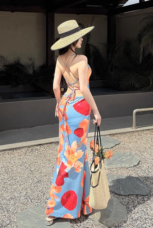 New Simple Holiday Floral Print Dress Sexy Spaghetti Strap Dress HZ1024