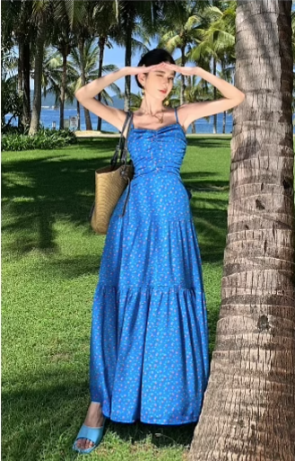 Simple Fashion Blue Floral Design A-line Long Spaghetti Strap Dress HZ1024