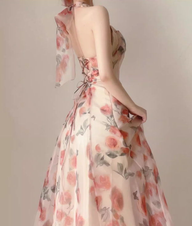 Vintage Pink Floral Design A-line Sleeveless Beach Holiday Halter Dress HZ1024
